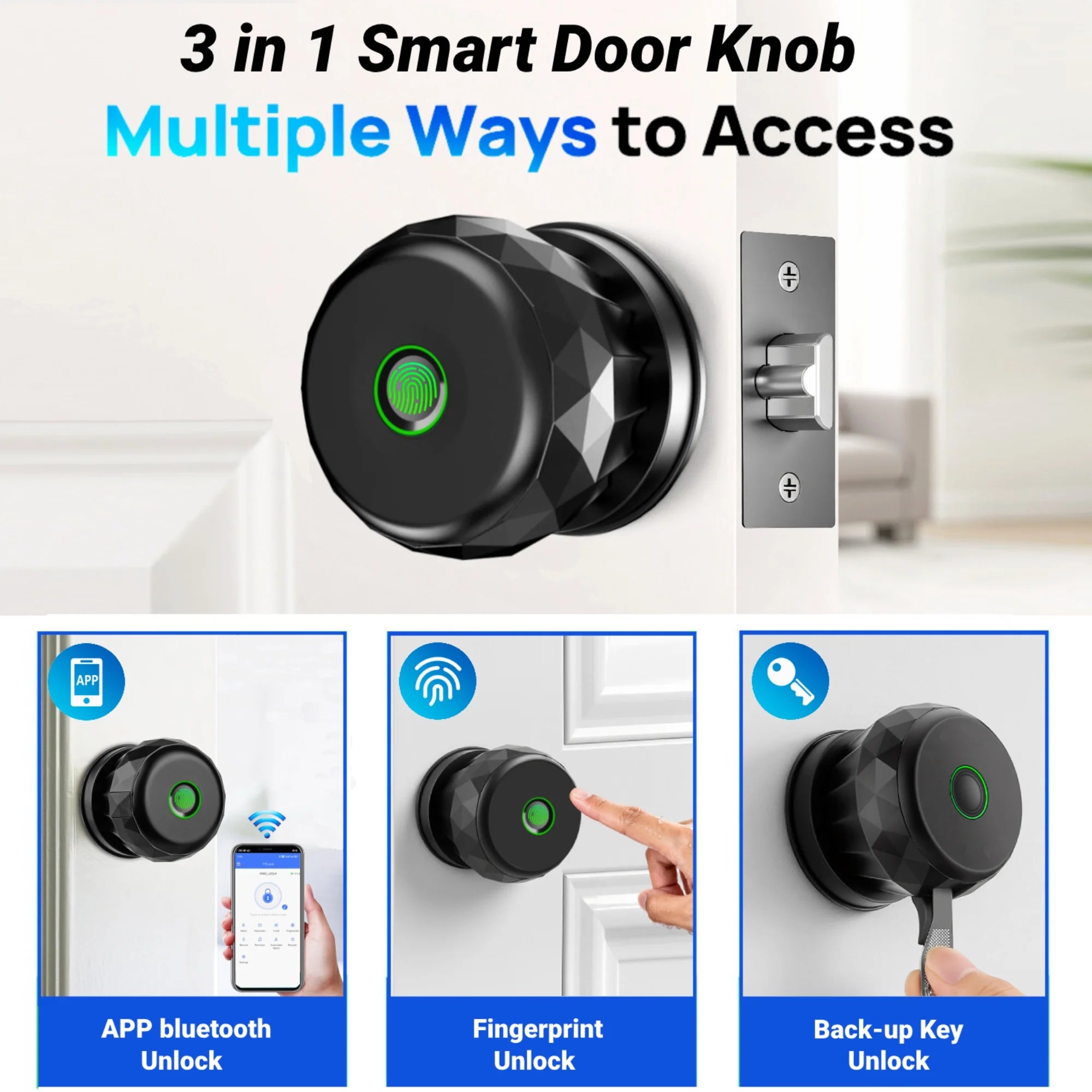 Smart Door Knob, 3 in 1 Door Knob with Fingerprint,App Control and Keys Unlock,Smart Door Lock,Black