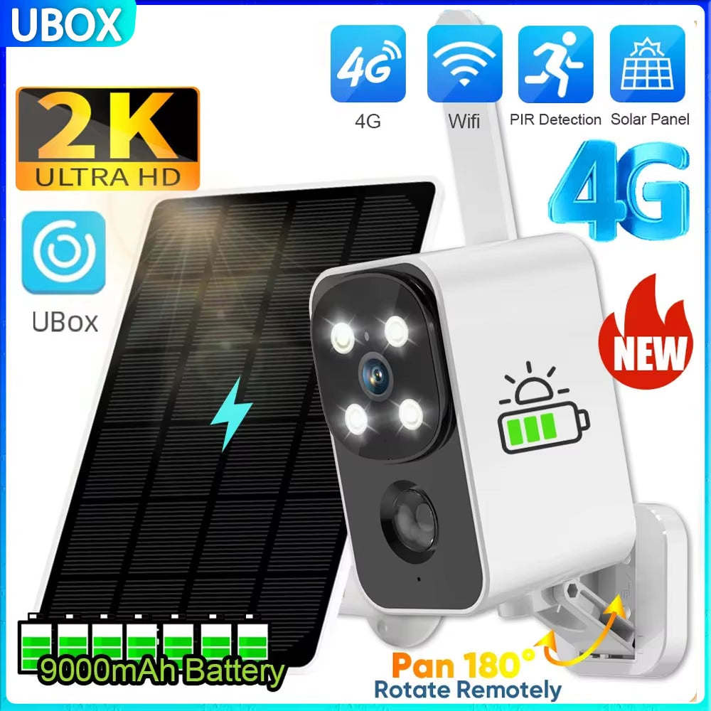 Ubox 4G/Wifi Solar Security Battery Camera 4MP Wireless Outdoor Battery Powered Cameras Color Night Vision PIR Human Motion Cam