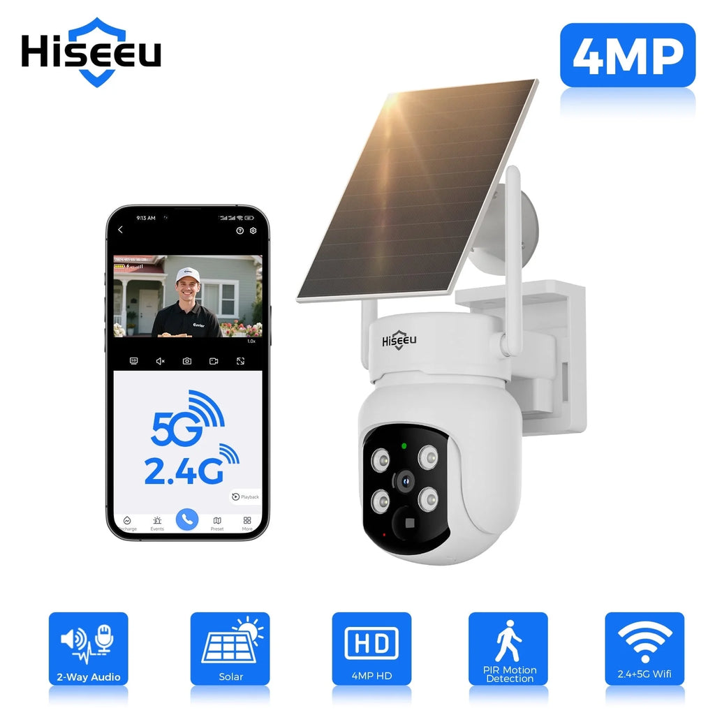 4MP Solar Security Camera Wireless Outdoor ,2.4G /5G Wifi Camera for Home Surveillance,360 View Ptz,Battery Powered,Pir Motion Detection,2-Way Talk .