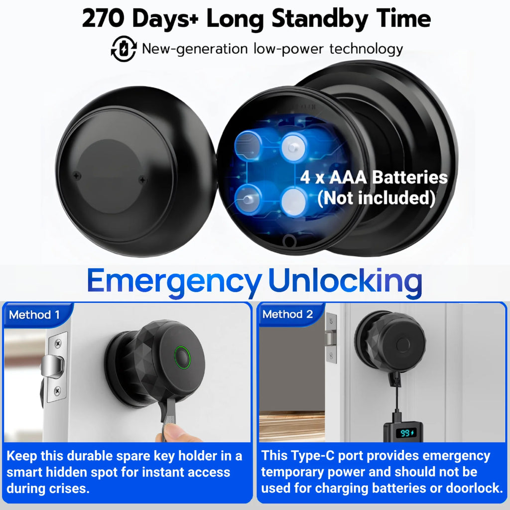 Smart Door Knob, 3 in 1 Door Knob with Fingerprint,App Control and Keys Unlock,Smart Door Lock,Black