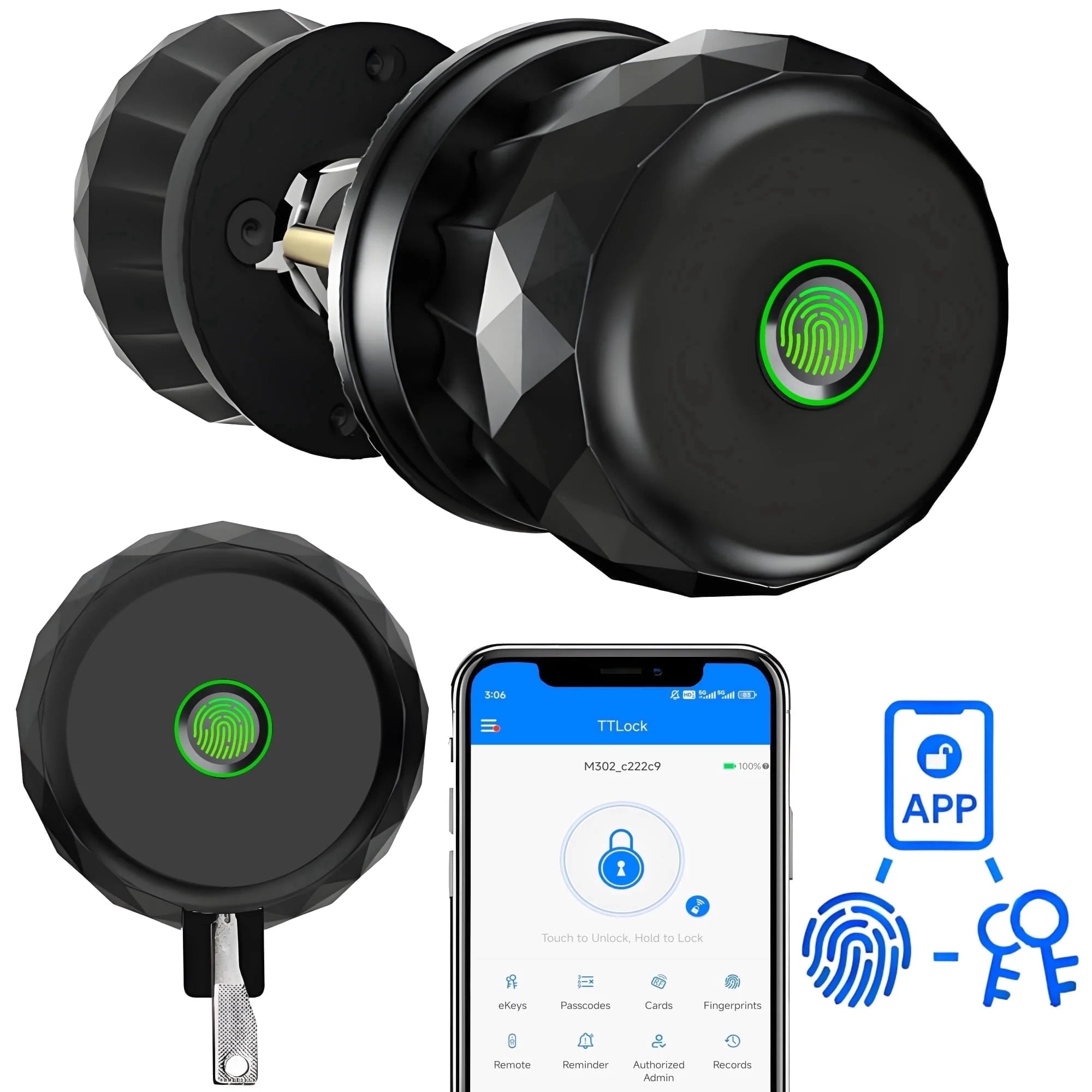 Smart Door Knob, 3 in 1 Door Knob with Fingerprint,App Control and Keys Unlock,Smart Door Lock,Black