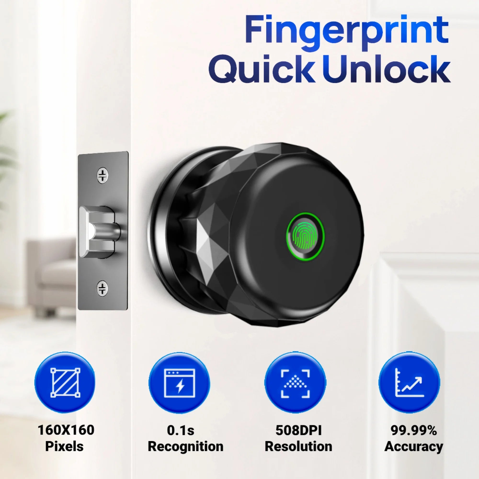 Smart Door Knob, 3 in 1 Door Knob with Fingerprint,App Control and Keys Unlock,Smart Door Lock,Black